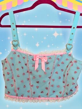 Heart-Print Lace Trim Cami Top in Aqua and Pink